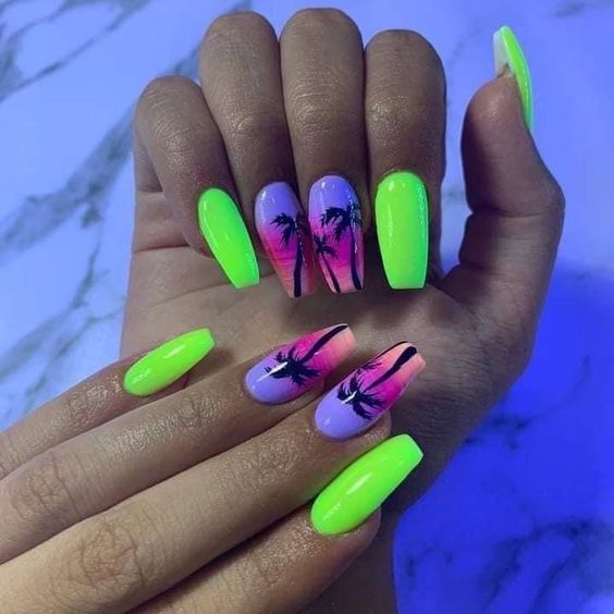 Neon Sunset: Palm Tree Nails